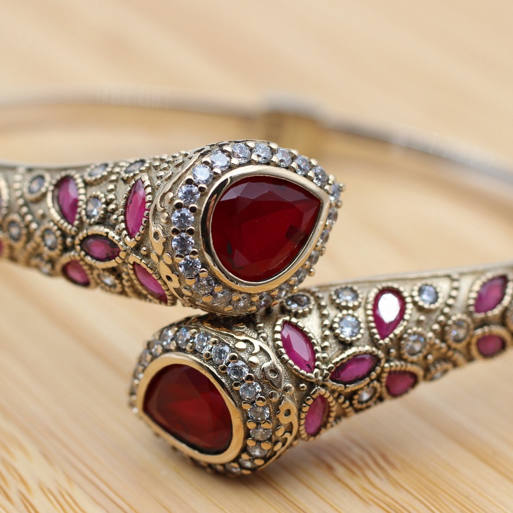 Ruby Bracelet, Ottoman Bracelet, Handmade Bracelet, Bangle Cuff, Bangle Bracelet, Turkish Handmade, Gift For Her, 925k Sterling Silver, Ruby