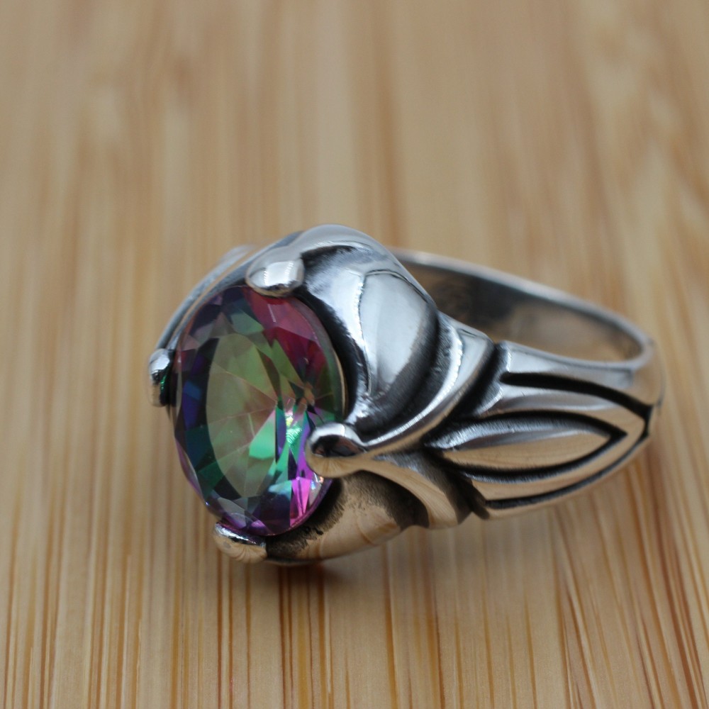 Mystic Topaz Ring, Handmade Ring, Turkish Handmade Silver Men Ring, Mystic Topaz Ring, Men's Jewelry, Gift for Him, 925k Sterling Silver