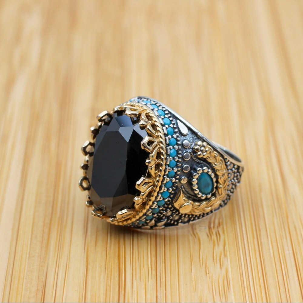 Turkish Handmade Silver Men's Ring, Men's Handmade Ring, Men's Ring, Onyx Men's Ring, Ottoman Mens Ring, Gift for Him, 925k Sterling Silver,