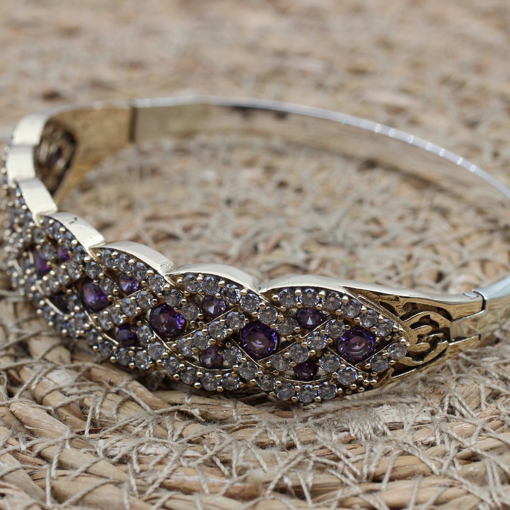 Amethyst Bracelet, Ottoman Bracelet, Handmade Bracelet, Bangle Cuff, Turkish Handmade, Bangle Bracelet, Gift for Her, 925k Sterling Silver