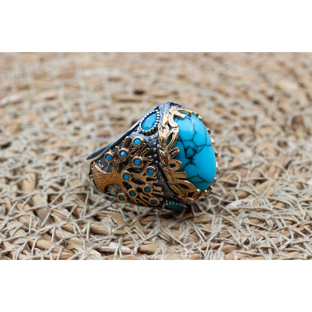 Turquoise Men's Ring, Handmade Ring, Turkish Handmade Silver Men Ring, Tree Of Life, Men's Jewelry, Gift for Him, 925k Sterling Silver Ring