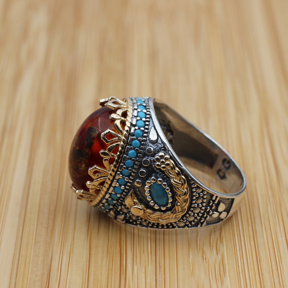 Amber Ring, Men's Handmade Ring, Ottoman Men Ring, Turkish Handmade Silver Men Ring, Men's Jewelry, Gift for Him, 925k Sterling Silver Ring