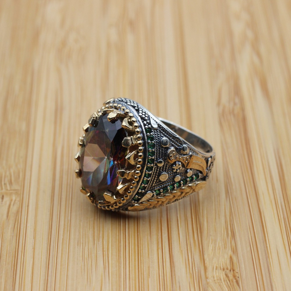 Mystic Topaz Men's Ring, Handmade Men's Ring, Turkish Handmade Ring, Silver Men's Ring, Men's Jewelry, Gift for Him, 925k Sterling Silver