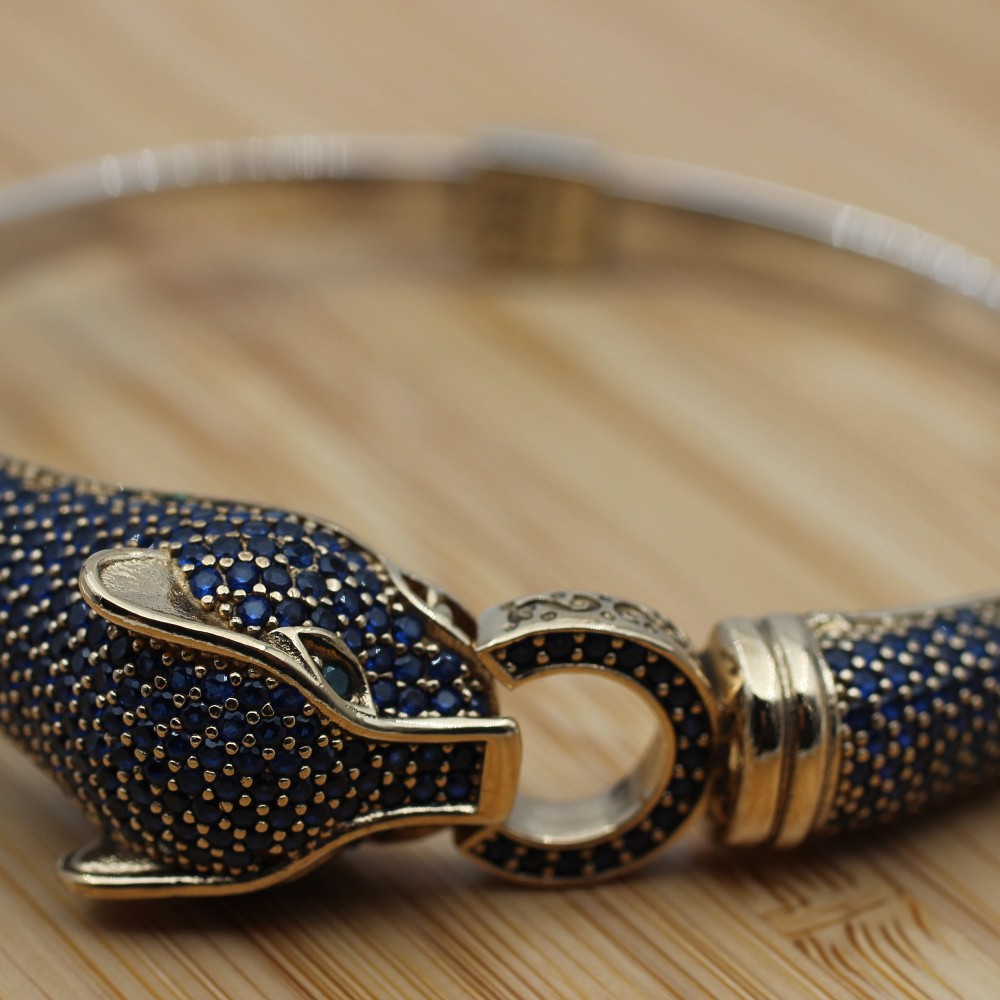 Sapphire Bracelet, Tiger Bracelet, Handmade Bracelet, Bangle Cuff, Turkish Handmade, Ottoman Bracelet, Gift For Her, 925k Sterling Silver