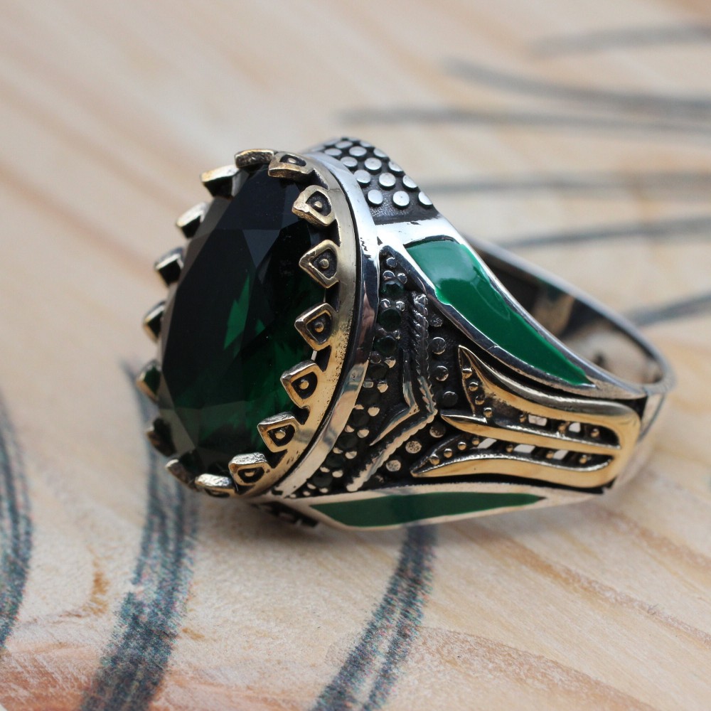 Emerald Men's Ring, Ottoman Men's Ring, Handmade Men's Ring, Turkish Handmade Men's Ring, Men's Jewelry, Gift for Him, 925 Sterling Silver