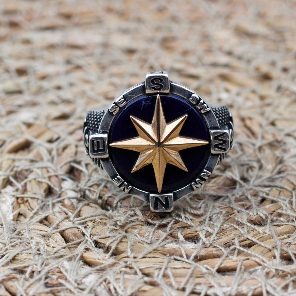 Turkish Handmade Ring, Compass Ring, Men's Handmade Ring, Anchor Ring, Agate Men Ring, Mens Jewelry, Gift for Him, 925k Sterling Silver Ring