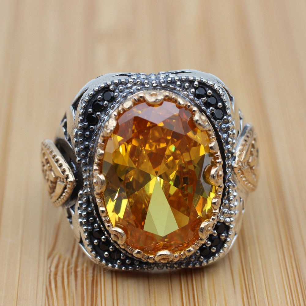 Citrine Men's Ring, Handmade Ring, Turkish Handmade, Ottoman Men's Ring, Men's Ring, Men's Jewelry, Gift for Him, 925 Sterling Silver Ring