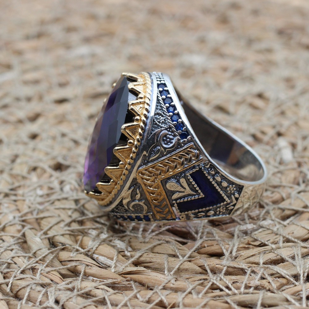 Amethyst Men's Ring, Mens Handmade Ring, Turkish Handmade Silver Men Ring, Ottoman Men Ring, Men Jewelry, Gift for Him, 925k Sterling Silver