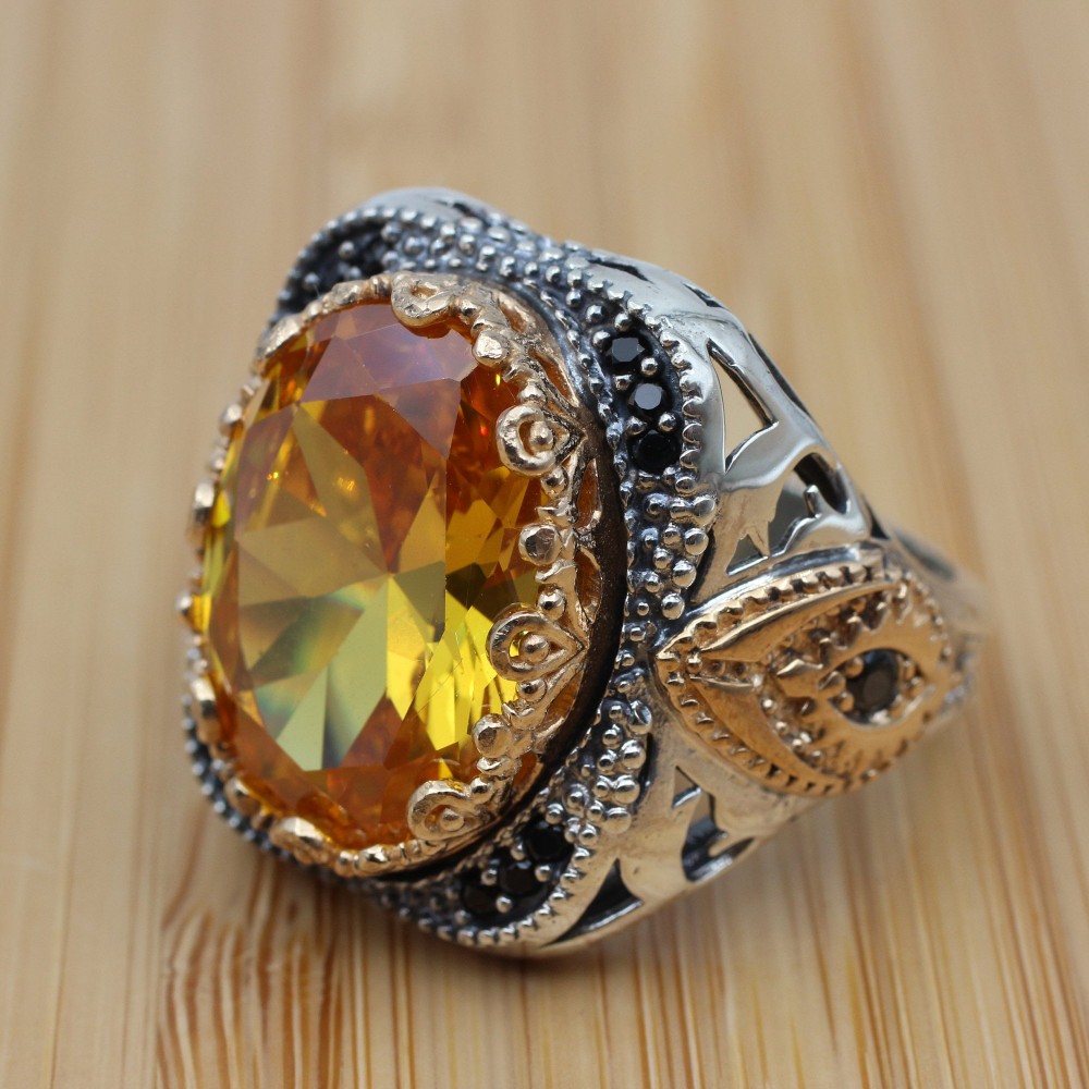 Citrine Men's Ring, Handmade Ring, Turkish Handmade, Ottoman Men's Ring, Men's Ring, Men's Jewelry, Gift for Him, 925 Sterling Silver Ring