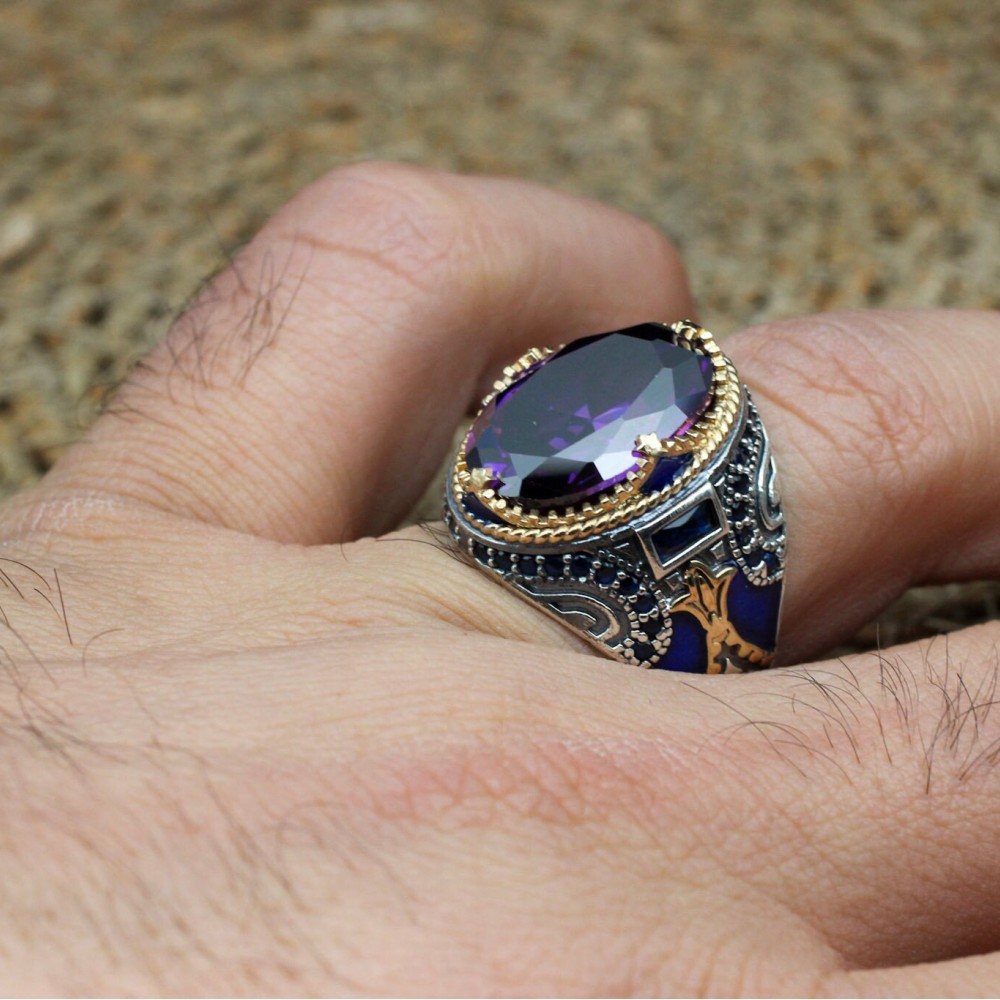 Amethyst Men's Ring, Mens Handmade Ring, Turkish Handmade Silver Men Ring, Ottoman Men Ring, Men Jewelry, Gift for Him, 925k Sterling Silver