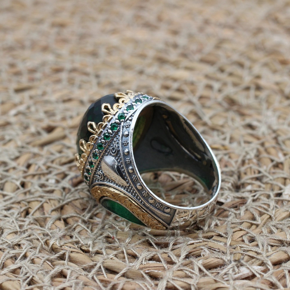 Emerald Men's Ring, Ottoman Men's Ring, Handmade Men's Ring, Turkish Handmade Men's Ring, Men's Jewelry, Gift for Him, 925 Sterling Silver