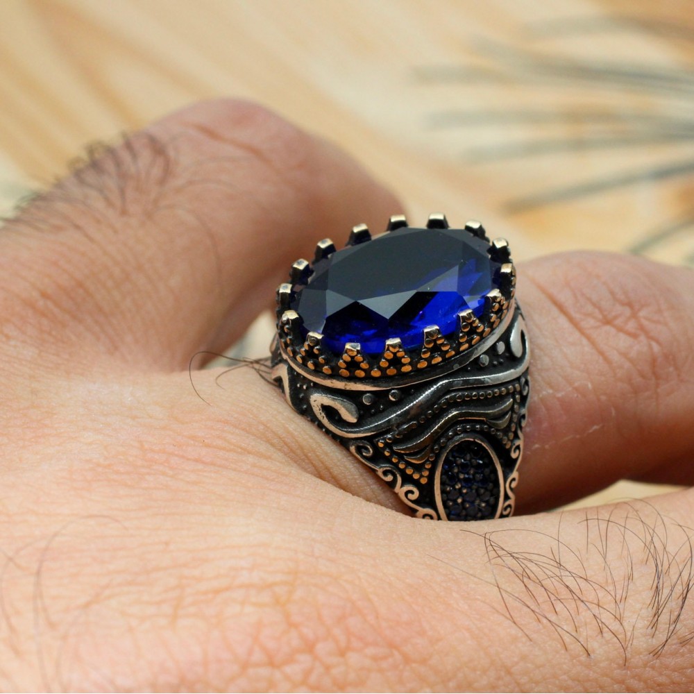 Sapphire Men Ring, Turkish Handmade Silver Men Ring, Mens Handmade Ring, Ottoman Ring, Men Jewelry, Gift for Him, 925k Sterling Silver Ring