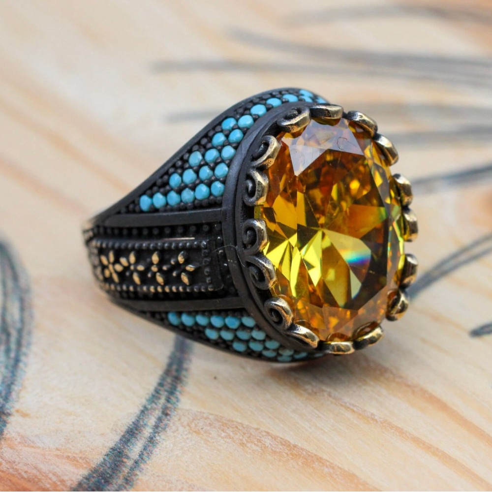 Citrine Men's Ring, Handmade Men's Ring, Turkish Handmade Ring, Ottoman Men's Ring, Men's Jewelry, Gift for Him, 925k Sterling Silver Ring