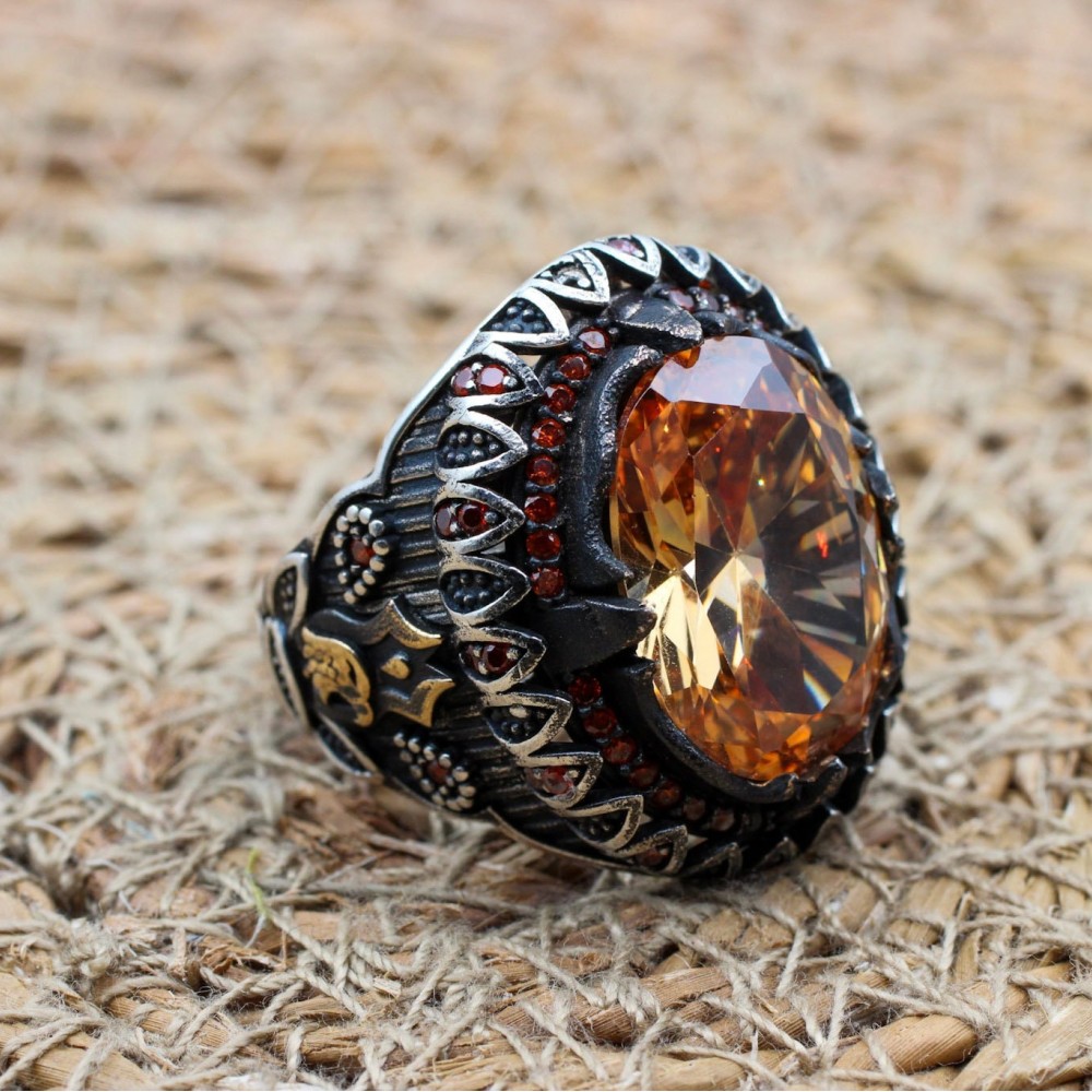 Turkish Handmade Silver Men's Ring, Men's Handmade Ring, Yemeni Ring, Topaz Men's Ring, Ottoman Ring, Gift for Him, 925k Sterling Silver,