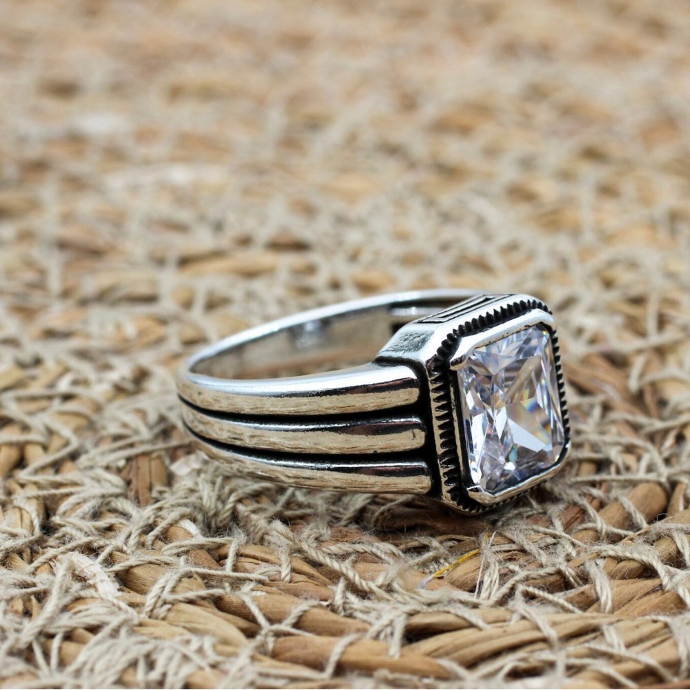 Mens Handmade Ring, Turkish Handmade Silver Men Ring, Ottoman Men Ring, Zircon Ring, Men's Jewelry, Gift for Him, 925k Sterling Silver Ring