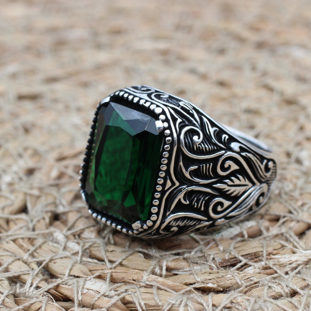 Emerald Men's Ring, Ottoman Men's Ring, Handmade Men's Ring, Turkish Handmade Men's Ring, Men's Jewelry, Gift for Him, 925 Sterling Silver