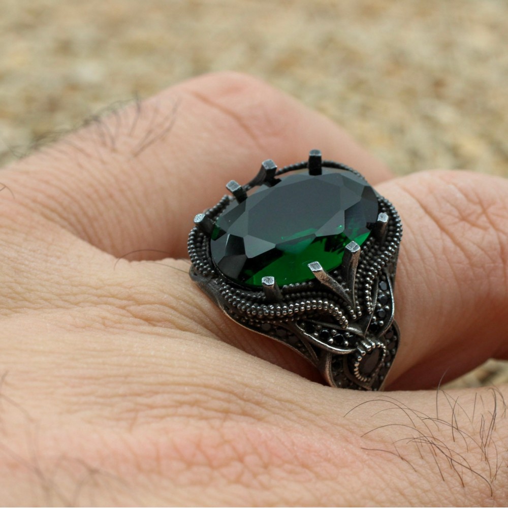 Emerald Men's Ring, Ottoman Men's Ring, Handmade Men's Ring, Turkish Handmade Men's Ring, Men's Jewelry, Gift for Him, 925 Sterling Silver Emerald Men's Ring, Ottoman Men's Ring, Handmade Men's Ring, Turkish Handmade Men's Ring, Men's Jewelry, Gift for Him, 925 Sterling Silver