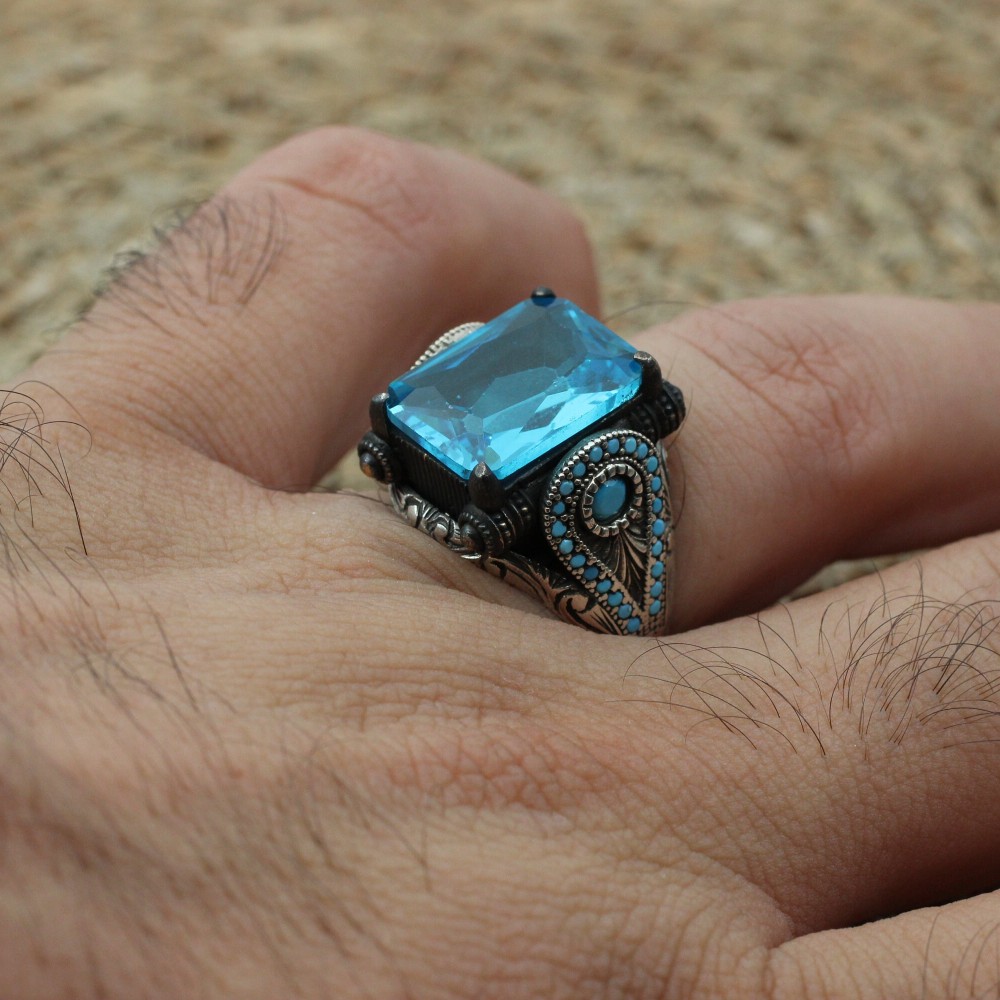 Mens Handmade Ring, Turkish Handmade Silver Men Ring, Ottoman Ring, Aquamarine Ring, Men's Jewelry, Gift for Him, 925k Sterling Silver Ring