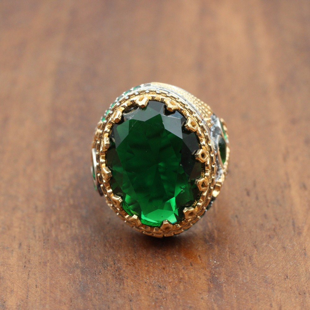 Emerald Men's Ring, Ottoman Men's Ring, Handmade Men's Ring, Turkish Handmade Men's Ring, Men's Jewelry, Gift for Him, 925 Sterling Silver