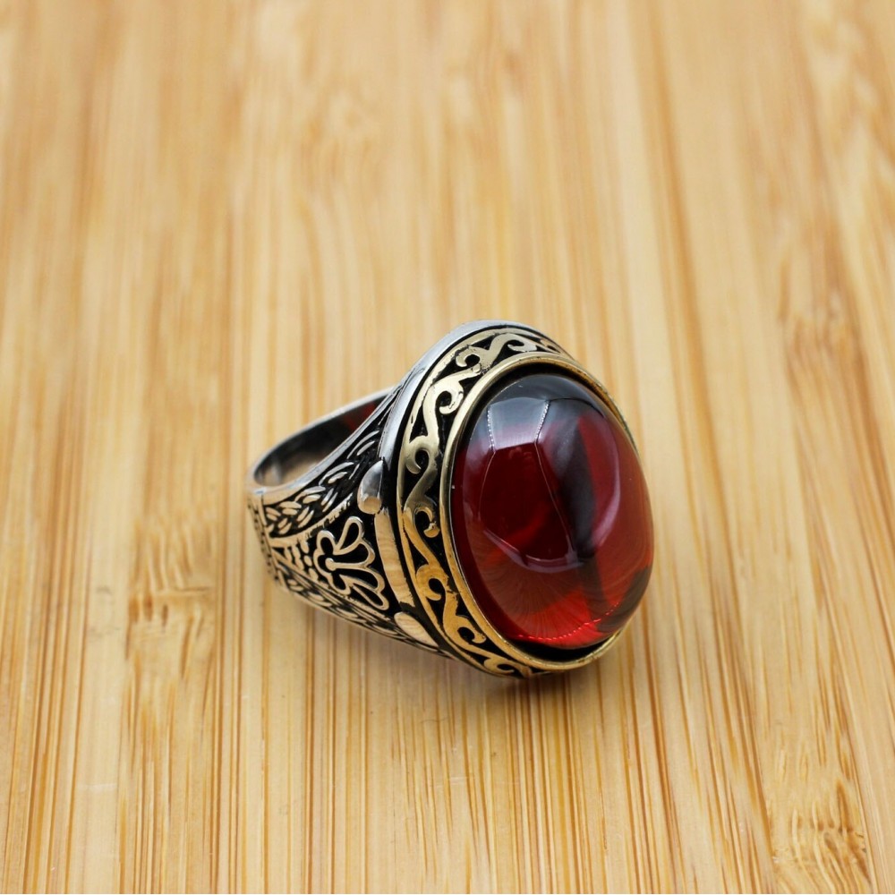 Mens Handmade Ring, Turkish Handmade Silver Men Ring, Ottoman Men Ring, Ruby Ring, Men's Jewelry, Gift for Him, 925k Sterling Silver Ring