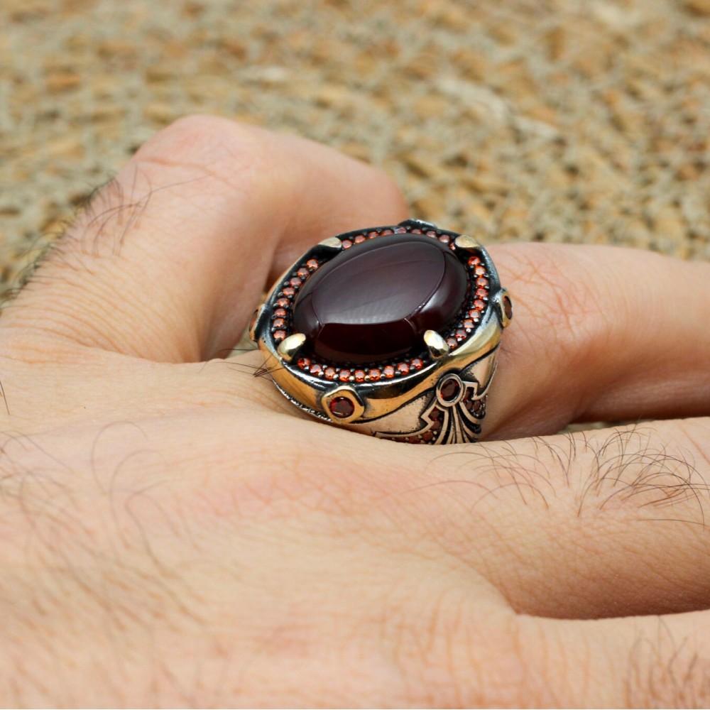 Agate Men's Ring, Ottoman Men's Ring, Handmade Men's Ring, Turkish Ring, Oval Stone Ring, Men's Jewelry, Gift for Him, 925 Sterling Silver
