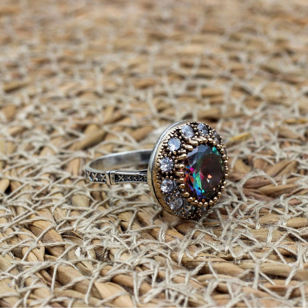 Handmade Women's Ring, Mystic Topaz Ring, Turkish Handmade Ring, Ladies Ring, Ottoman Women Ring, Ladies Ring, 925k Sterling Silver Ring,