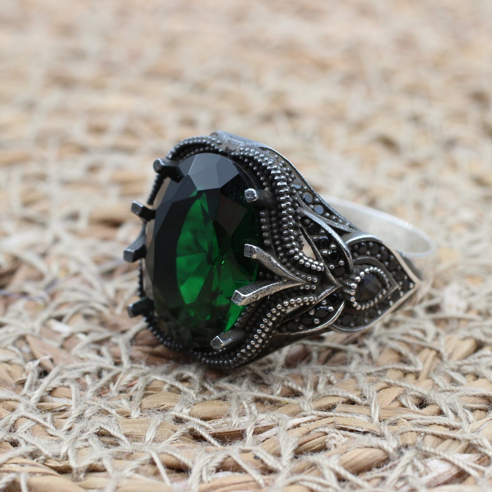 Emerald Men's Ring, Ottoman Men's Ring, Handmade Men's Ring, Turkish Handmade Men's Ring, Men's Jewelry, Gift for Him, 925 Sterling Silver Emerald Men's Ring, Ottoman Men's Ring, Handmade Men's Ring, Turkish Handmade Men's Ring, Men's Jewelry, Gift for Him, 925 Sterling Silver