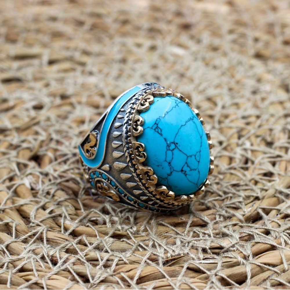 Turquoise Men's Ring, Handmade Ring, Turkish Handmade Silver Men Ring, Ottoman Ring, Men's Jewelry, Gift for Him, 925k Sterling Silver Ring