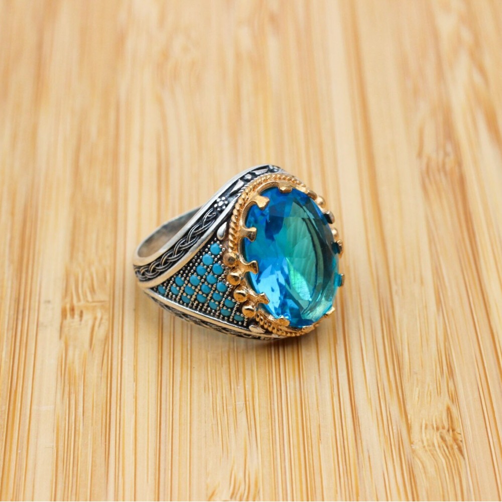 Mens Handmade Ring, Turkish Handmade Silver Men Ring, Ottoman Ring, Aquamarine Ring, Men's Jewelry, Gift for Him, 925k Sterling Silver Ring