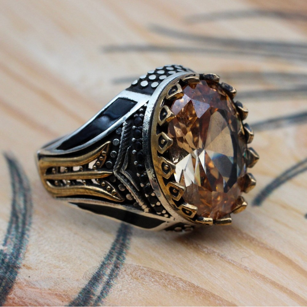 Men's Handmade Ring, Topaz Men's Ring, Men's Ring, Turkish Handmade Silver Men's Ring, Ottoman Mens Ring, Gift for Him, 925k Sterling Silver