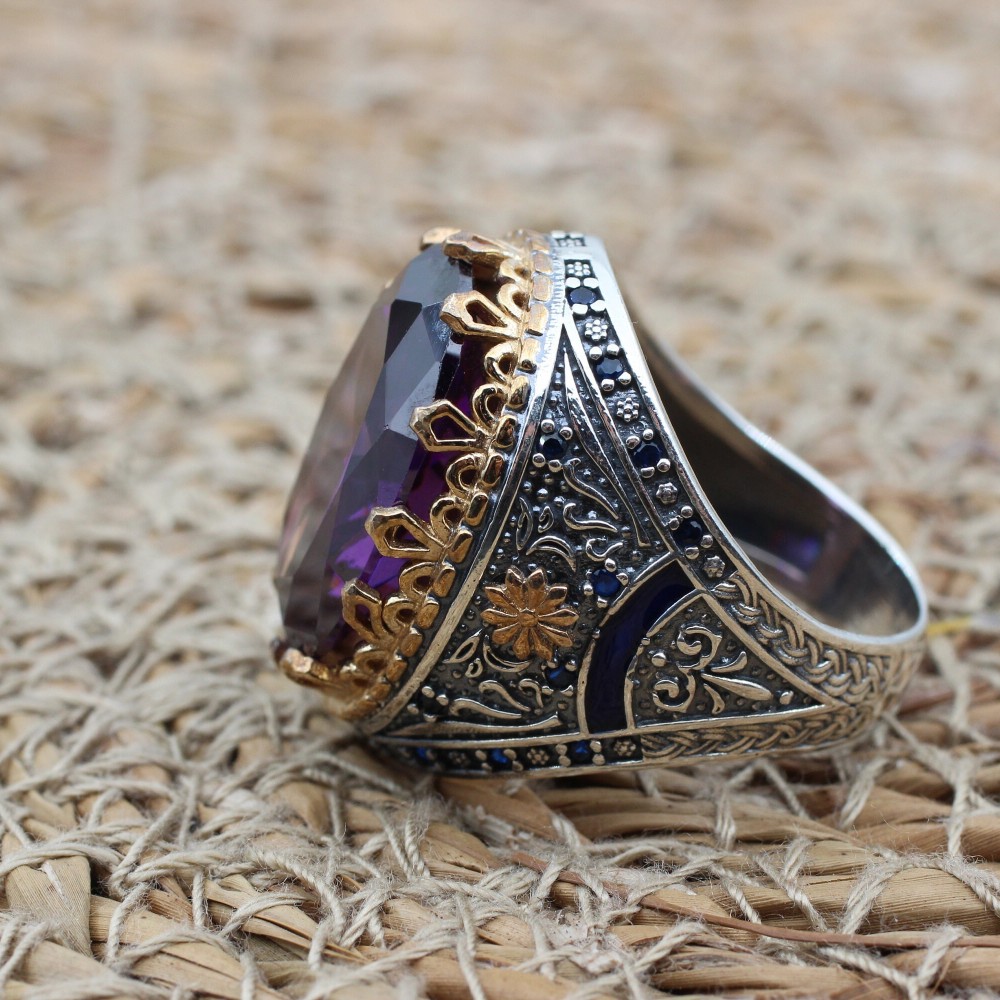 Amethyst Men's Ring, Mens Handmade Ring, Turkish Handmade Silver Men Ring, Ottoman Men Ring, Men Jewelry, Gift for Him, 925k Sterling Silver