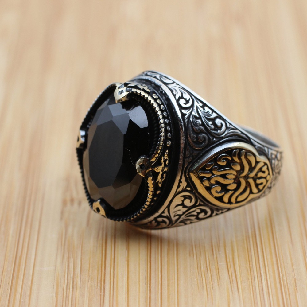 Turkish Handmade Silver Men's Ring, Men's Handmade Ring, Men's Ring, Onyx Men's Ring, Ottoman Mens Ring, Gift for Him, 925k Sterling Silver,