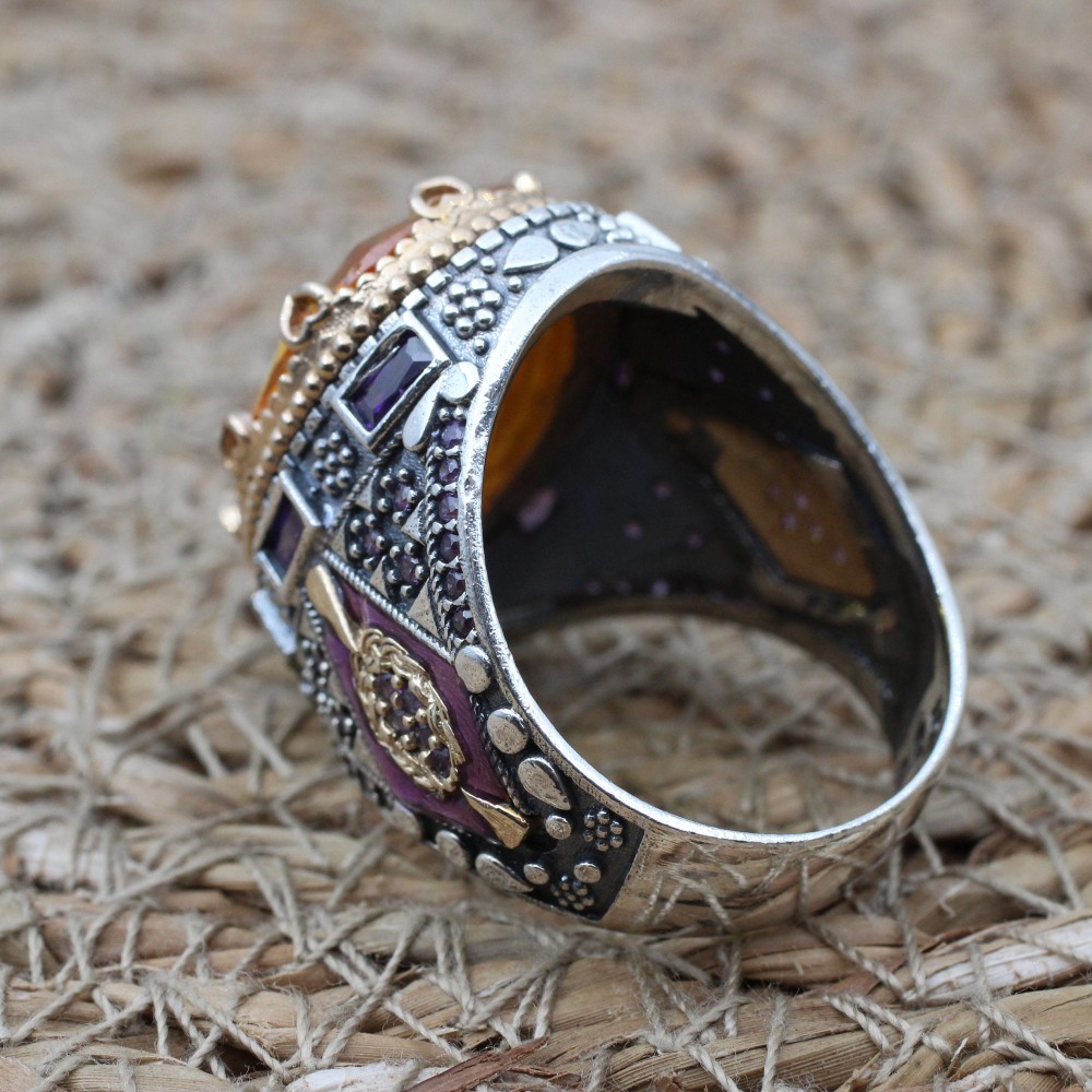 Citrine Men's Ring, Handmade Men's Ring, Turkish Handmade Ring, Ottoman Men's Ring, Men's Jewelry, Gift for Him, 925k Sterling Silver Ring