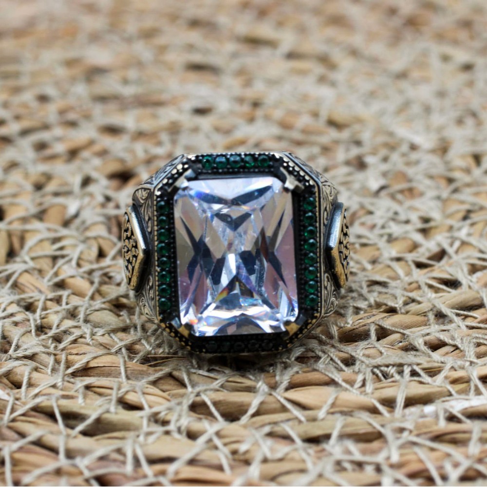 Mens Handmade Ring, Turkish Handmade Silver Men Ring, Ottoman Men Ring, Zircon Ring, Men's Jewelry, Gift for Him, 925k Sterling Silver Ring