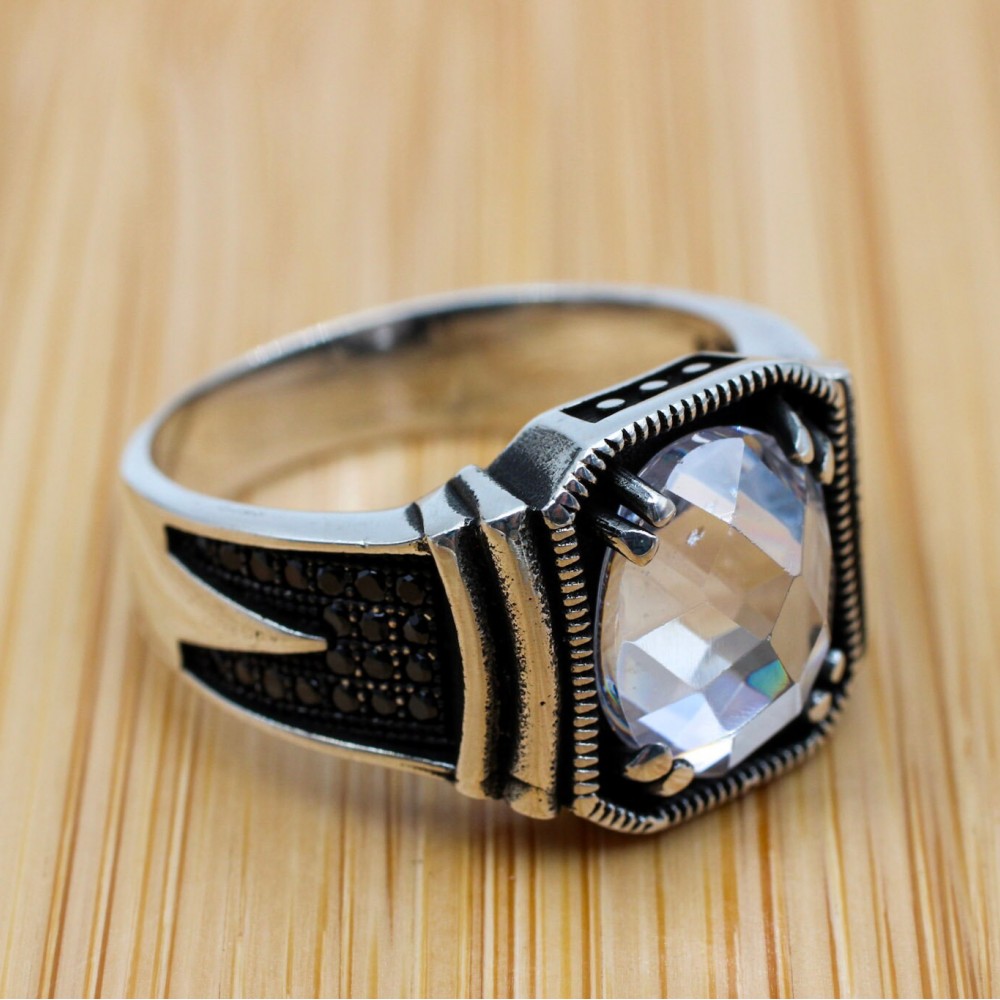 Mens Handmade Ring, Turkish Handmade Silver Men Ring, Ottoman Men Ring, Zircon Ring, Men's Jewelry, Gift for Him, 925k Sterling Silver Ring