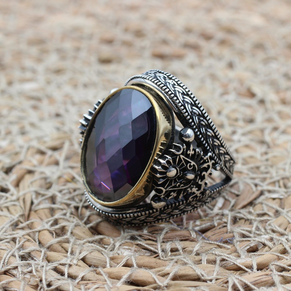 Amethyst Men's Ring, Ottoman Men's Ring, Handmade Men's Ring, Turkish Handmade Men's Ring, Men's Jewelry, Gift for Him, 925 Sterling Silver