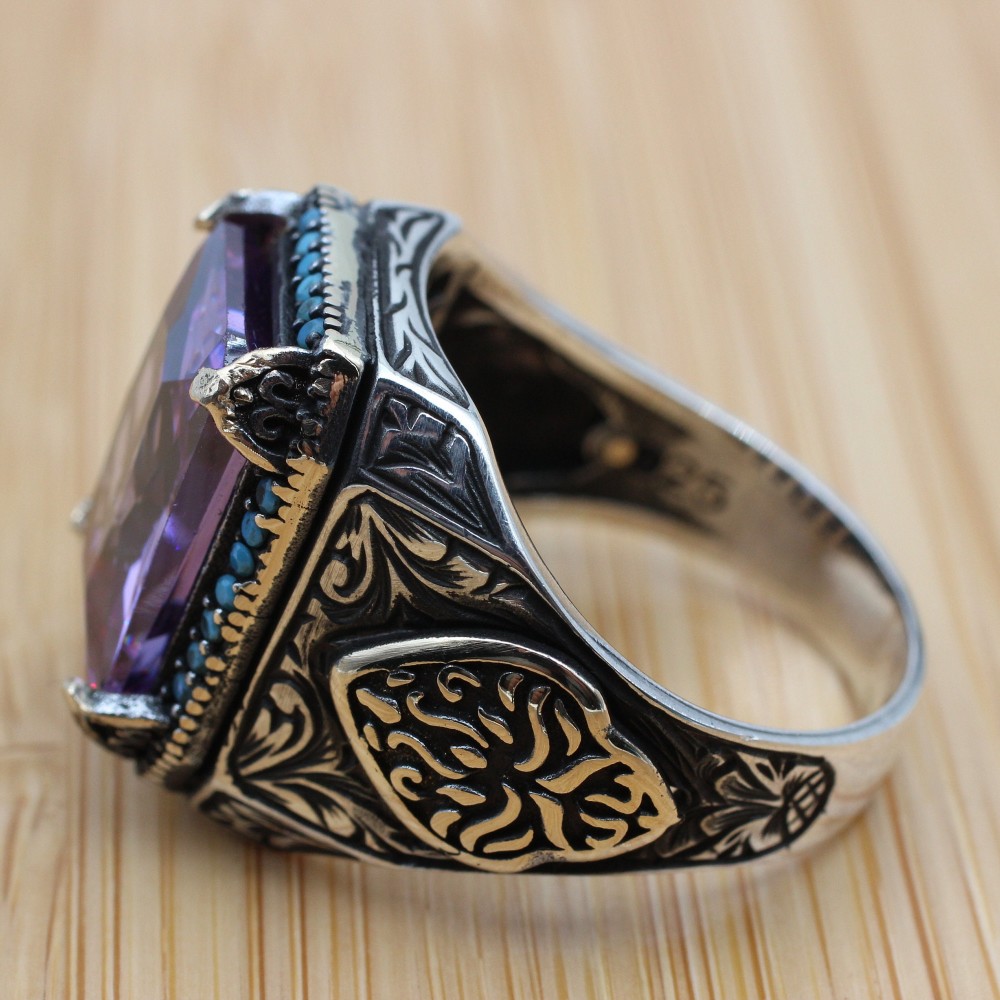 Men's Handmade Ring, Turkish Handmade Silver Men's Ring, Ottoman Ring, Amethyst Ring, Men's Jewelry, Amethyst, 925k Sterling Silver Ring