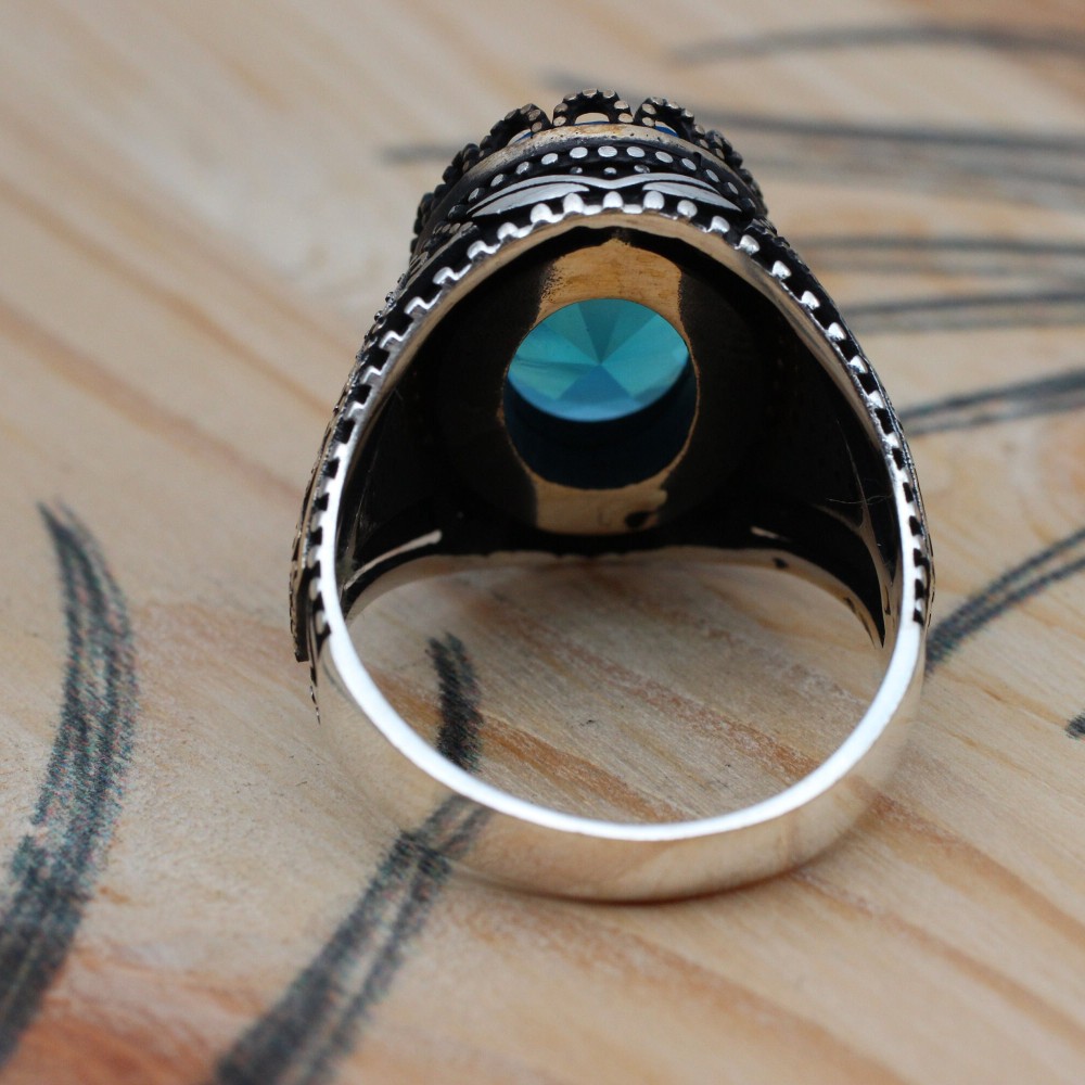 Aquamarine Ring, Mens Handmade Ring, Turkish Handmade Silver Men Ring, Ottoman Ring, Men's Jewelry, Gift for Him, 925k Sterling Silver Ring