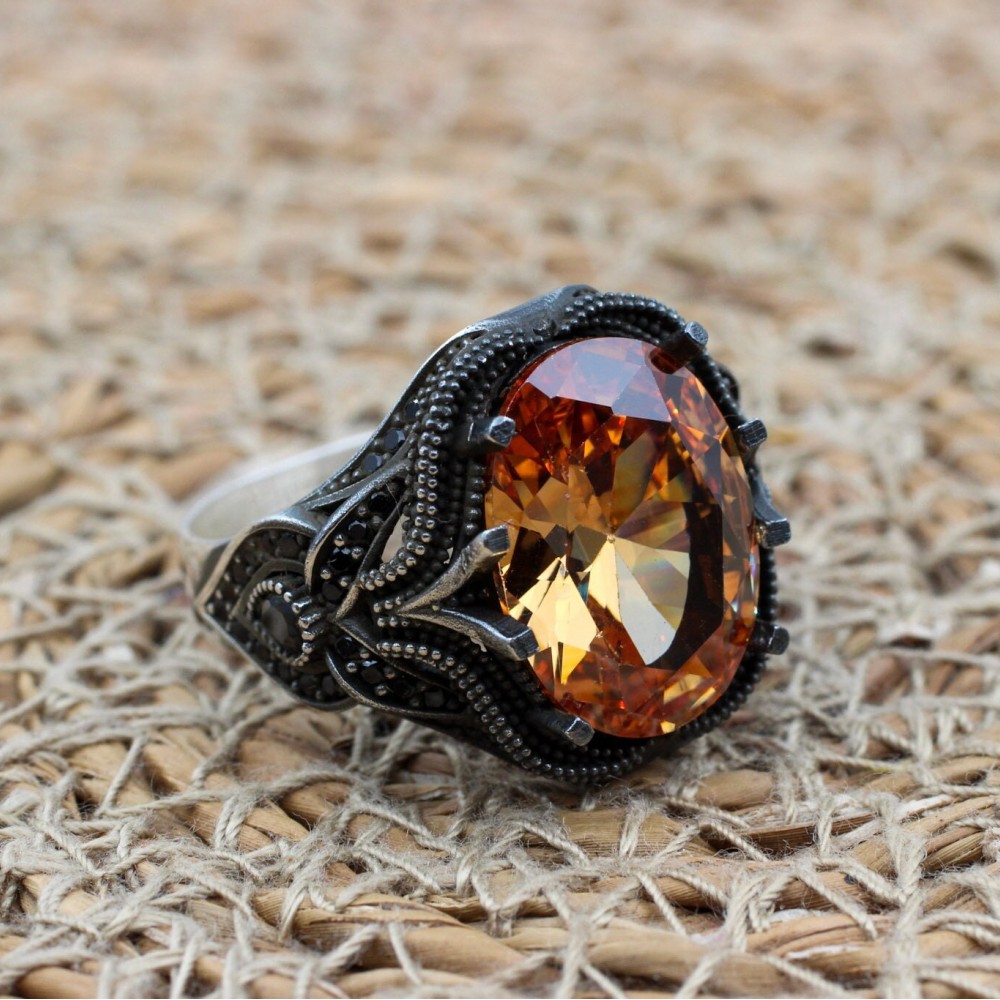 Handmade Men's Ring, Topaz Men's Ring, Men's Ring, Turkish Handmade Silver Men's Ring, Ottoman Mens Ring, Gift for Him, 925k Sterling Silver