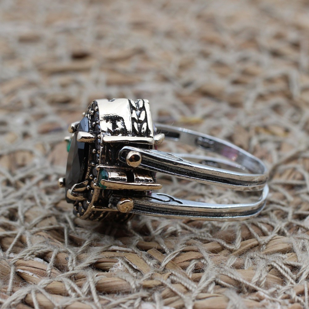 Onyx Ladies Ring, Two Stone Ladies Ring, Zircon Ring, Handmade Women Ring, Reversible Ring, Ottoman Women's Ring, 925 Sterling Silver,