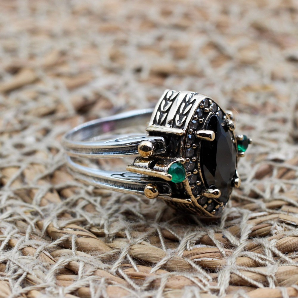 Onyx Ladies Ring, Two Stone Ladies Ring, Zircon Ring, Handmade Women Ring, Reversible Ring, Ottoman Women's Ring, 925 Sterling Silver,