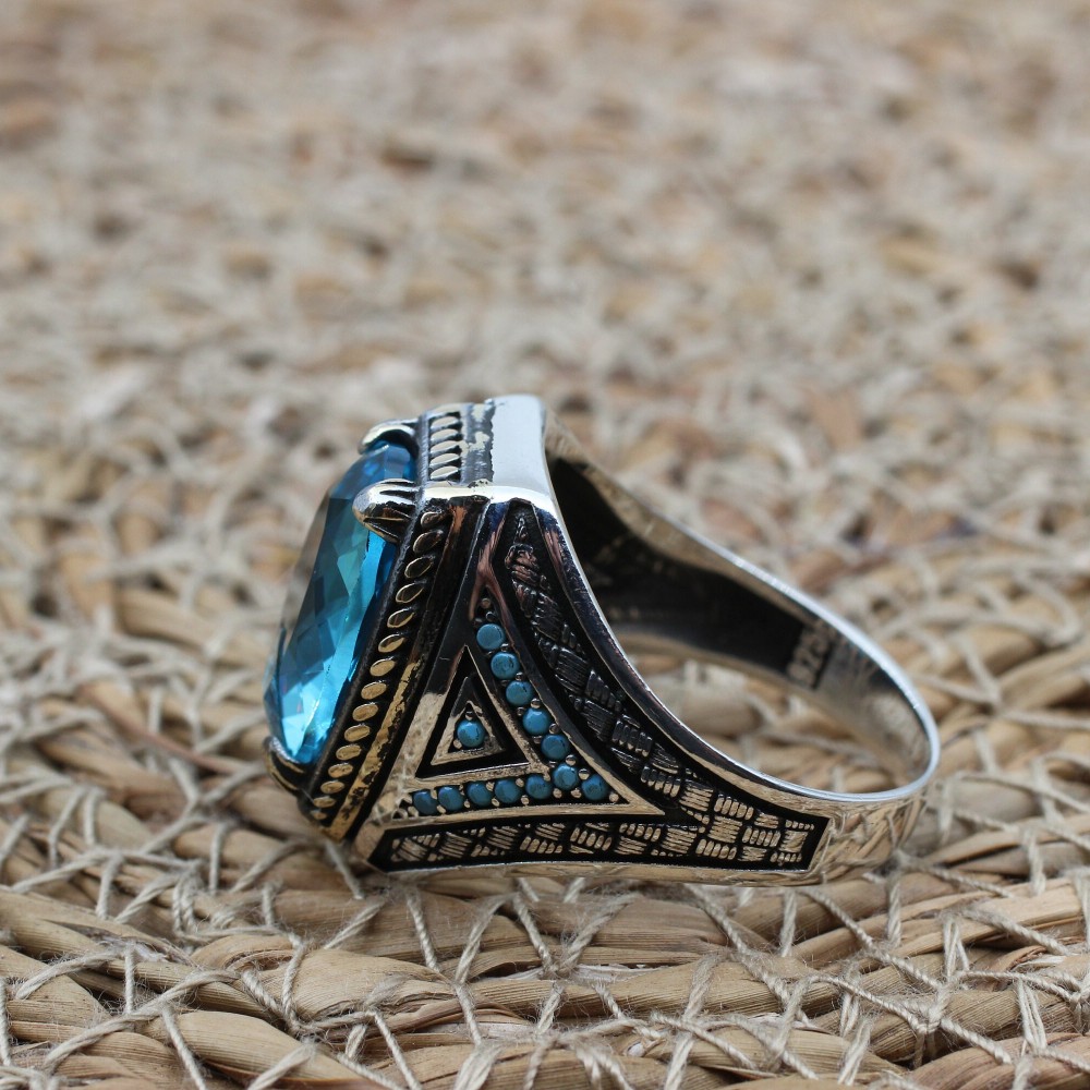 Aquamarine Men's Ring, Ottoman Men's Ring, Handmade Men's Ring, Turkish Handmade Men's Ring, Mens Jewelry, Gift for Him, 925 Sterling Silver