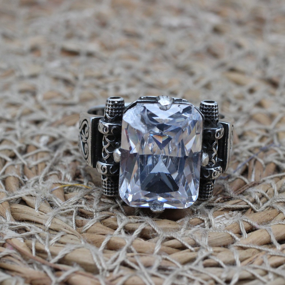 Handmade Mens Ring, Turkish Handmade Men Ring, Ottoman Men Ring, Zircon Ring, Men Jewelry, Gift for Him, 925k Sterling Silver, Detailed Ring