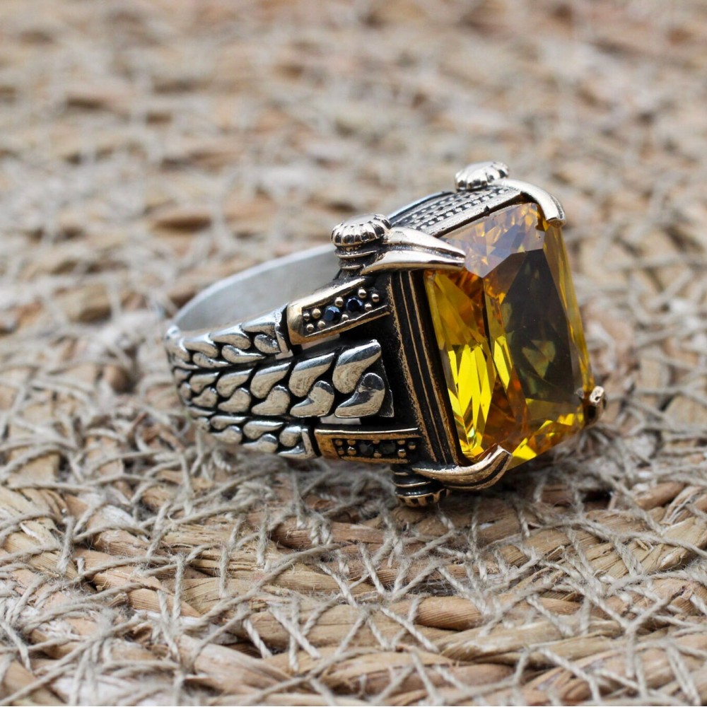 Men's Handmade Ring, Men Chain Model Ring, Citrine Men's Ring, Ottoman Men's Ring, Men's Jewelry, Gift for Him, 925k Sterling Silver Ring