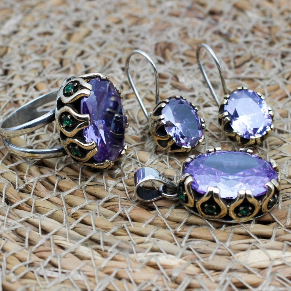 Amethyst Ladies Set, Authentic Set, Handmade Women Set, Turkish Handmade Set, Ring, Earring, Pendant, Ladies Set, 925k Sterling Silver