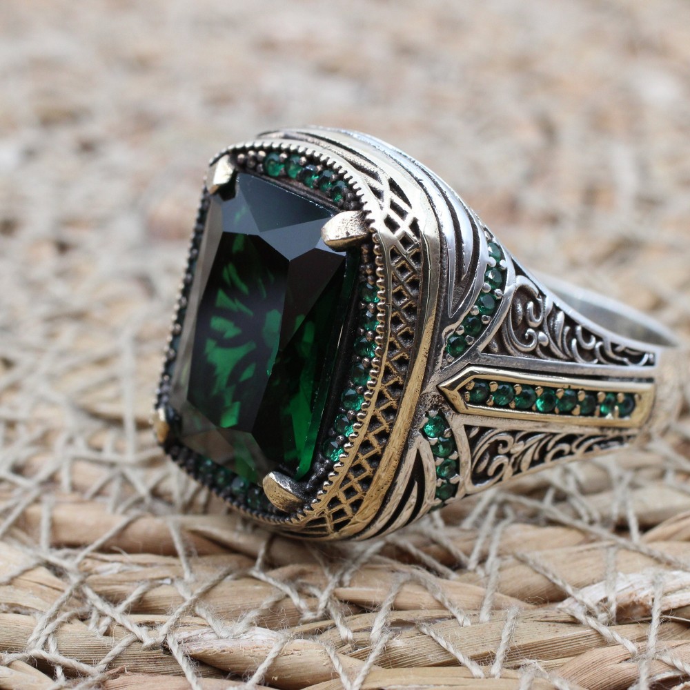 Emerald Men's Ring, Ottoman Men's Ring, Handmade Men's Ring, Turkish Handmade Men's Ring, Men's Jewelry, Gift for Him, 925 Sterling Silver