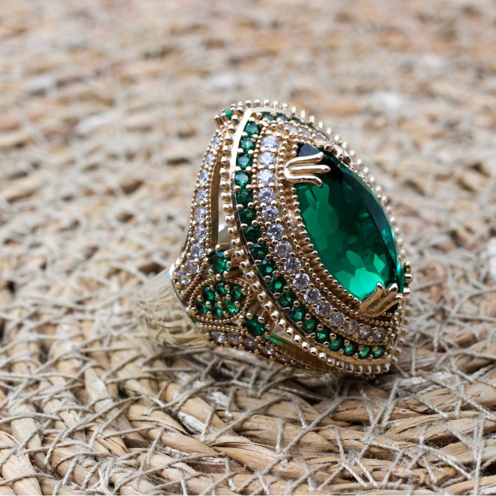 Emerald Ring, Handmade Women's Ring, Turkish Handmade Ring, Authentic Ring, Ottoman Ring, Ladies Ring, 925k Sterling Silver, Gift For Her,