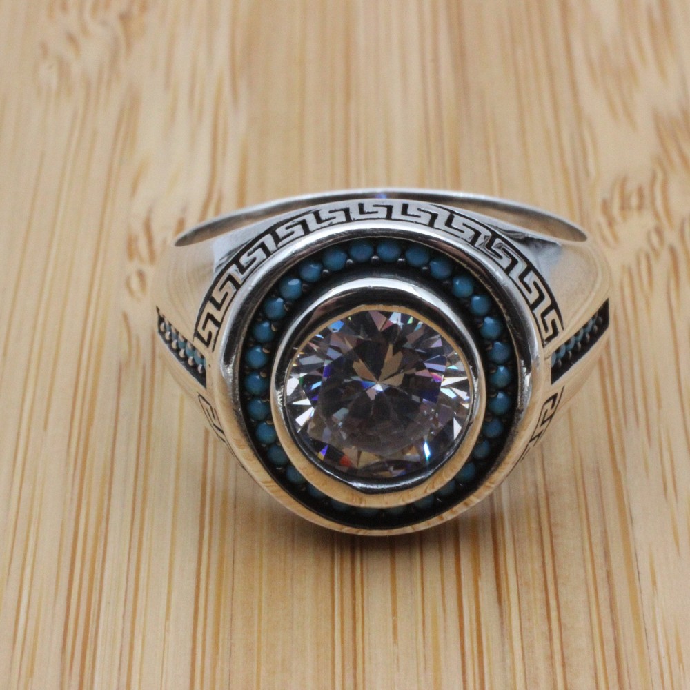 Mens Handmade Ring, Turkish Handmade Silver Men Ring, Ottoman Men Ring, Zircon Ring, Men's Jewelry, Gift for Him, 925k Sterling Silver Ring