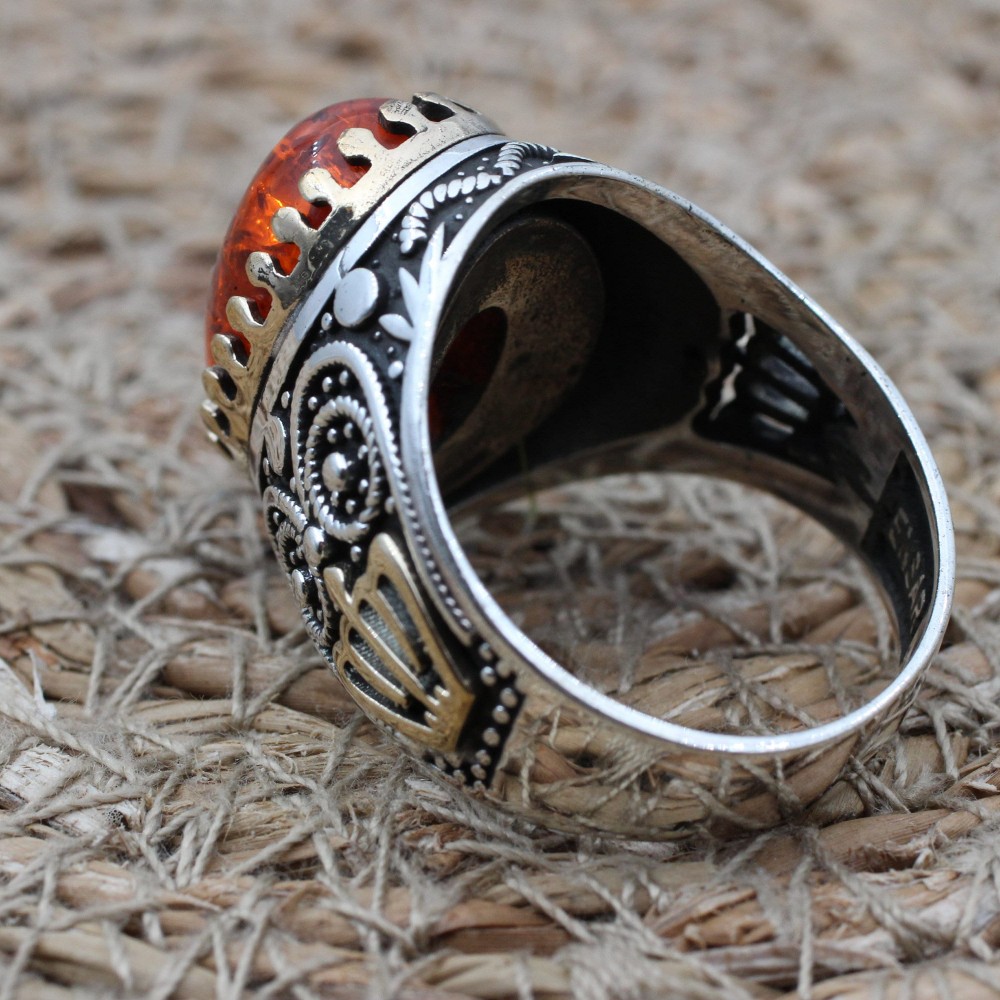 Amber Ring, Men's Handmade Ring, Ottoman Men Ring, Turkish Handmade Silver Men Ring, Men's Jewelry, Gift for Him, 925k Sterling Silver Ring