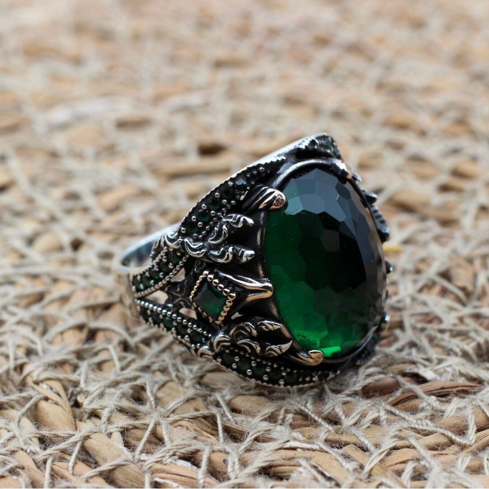 Emerald Men's Ring, Ottoman Men's Ring, Handmade Men's Ring, Turkish Handmade Men's Ring, Men's Jewelry, Gift for Him, 925 Sterling Silver